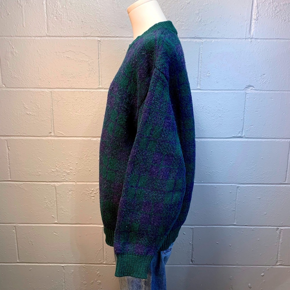 Vintage Benetton Shetland Wool Plaid Sweater Green Blue Women's Medium - Picture 4 of 5